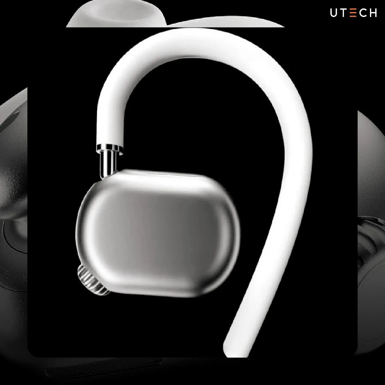 AirPods Ultra ภาพคอนเซปต์หูฟังไร้สายดีไซน์ Ear Hook พร้อมตัวเรือนสีเงินและก้านคล้องหูสีขาว