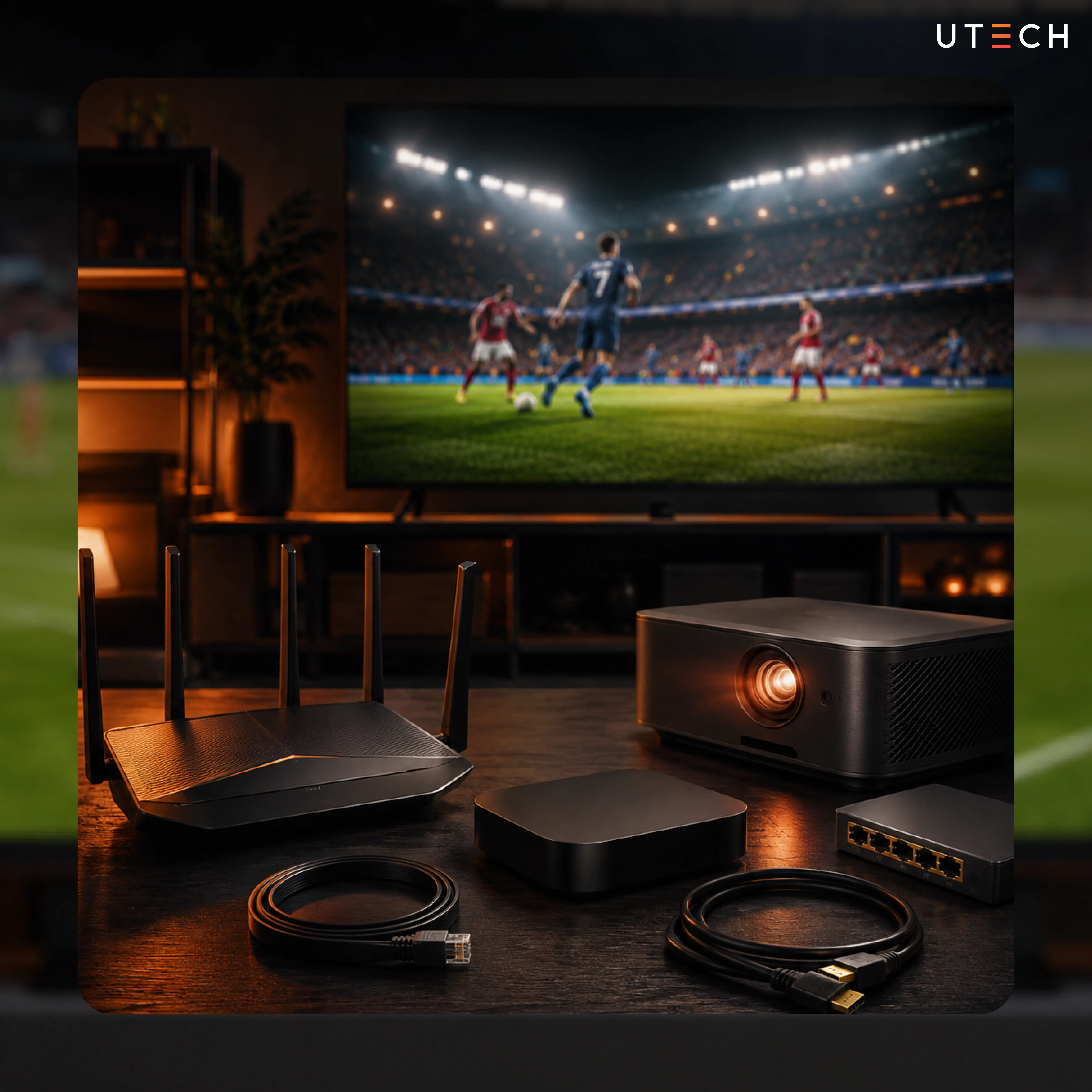 การติดตั้งกล่อง Android TV สำหรับดูบอล 4K พร้อมเราเตอร์ สาย LAN และ HDMI เพื่อการสตรีมที่ลื่นไหล