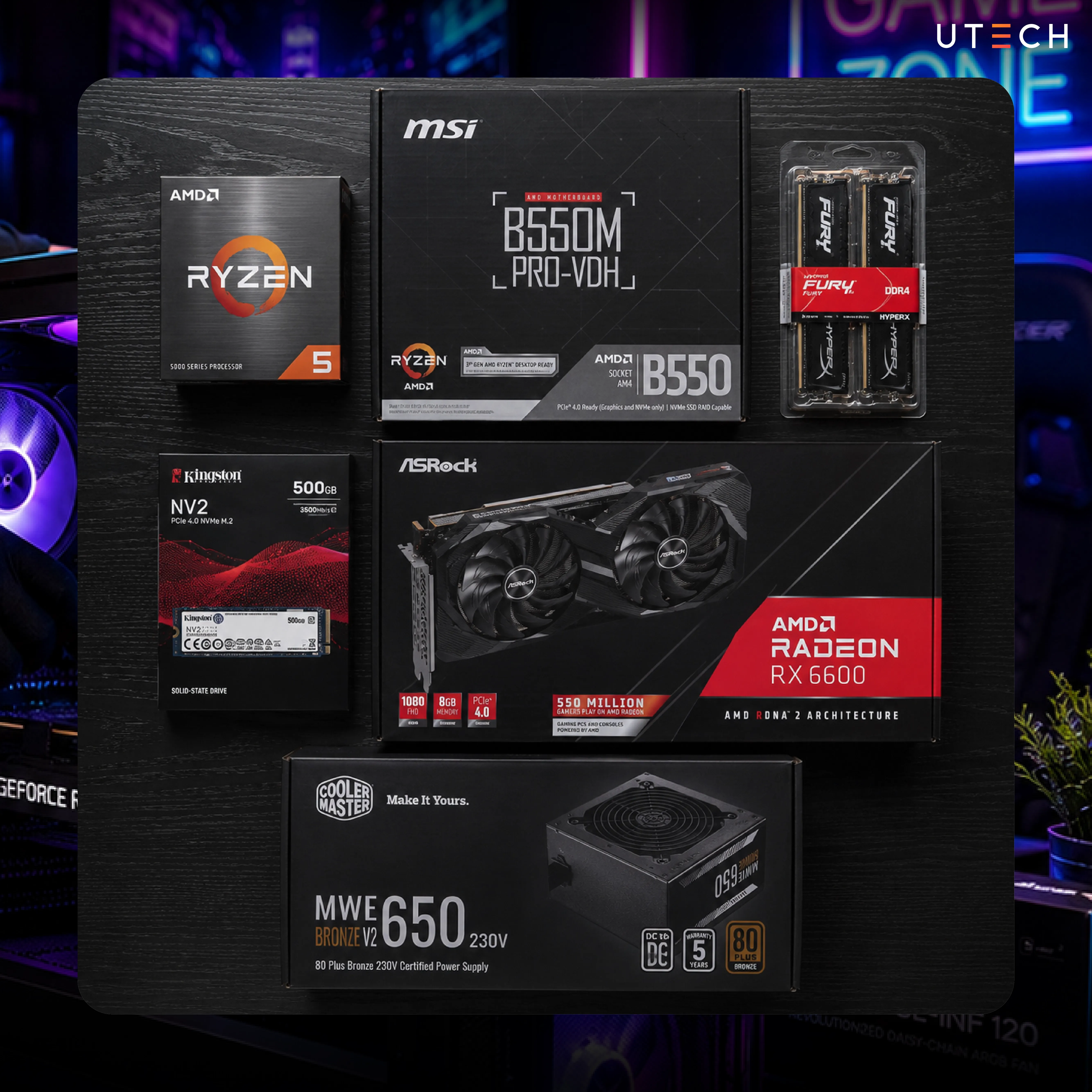 สเปกคอมเล่นเกมงบประหยัด ใช้ AMD Ryzen 5, Radeon RX 6600, เมนบอร์ด B550, SSD NVMe และ PSU 650W เหมาะสำหรับเล่นเกม Full HD