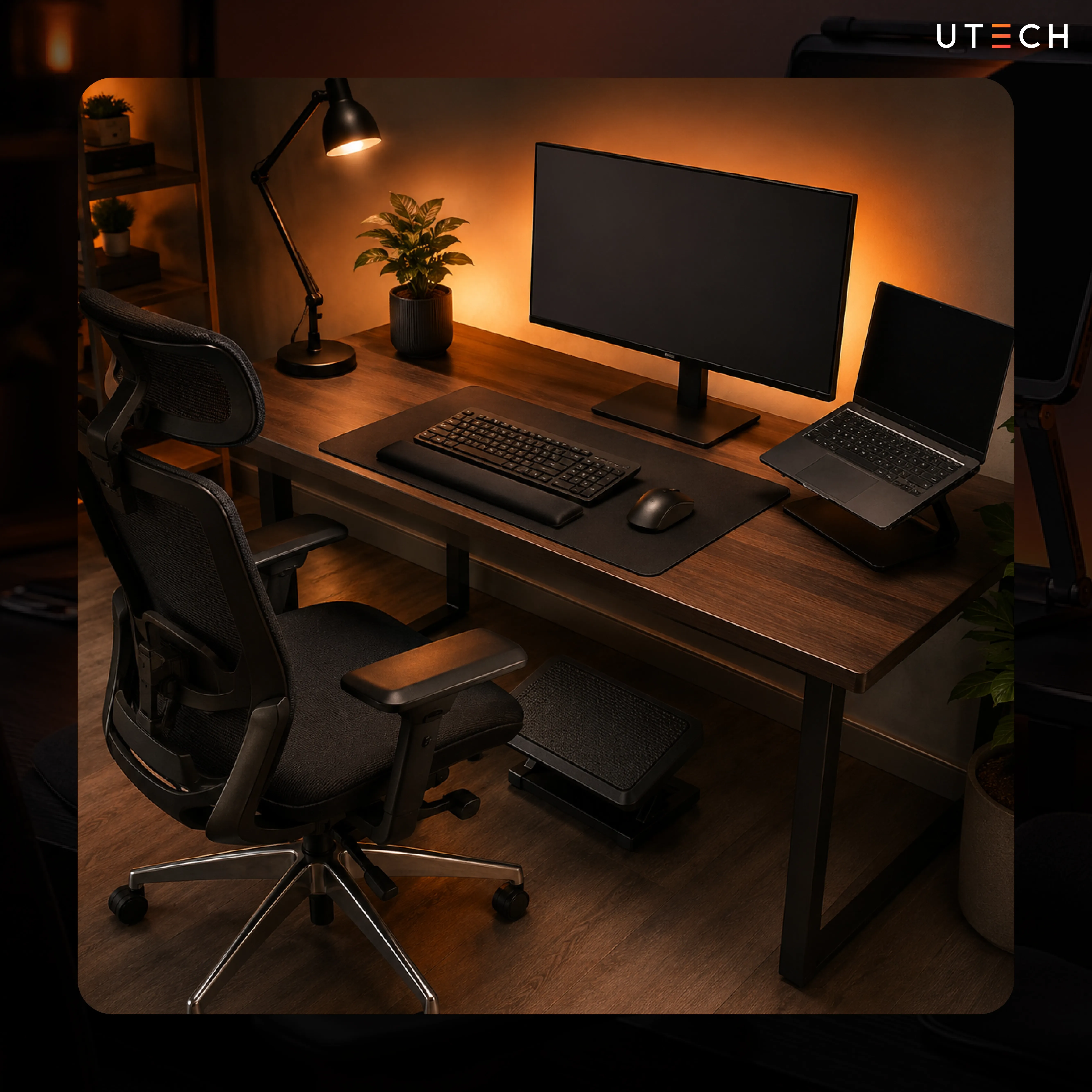 จัดโต๊ะทำงาน Ergonomic พร้อมเก้าอี้เพื่อสุขภาพ ที่วางเท้า และอุปกรณ์เสริมสำหรับทำงาน