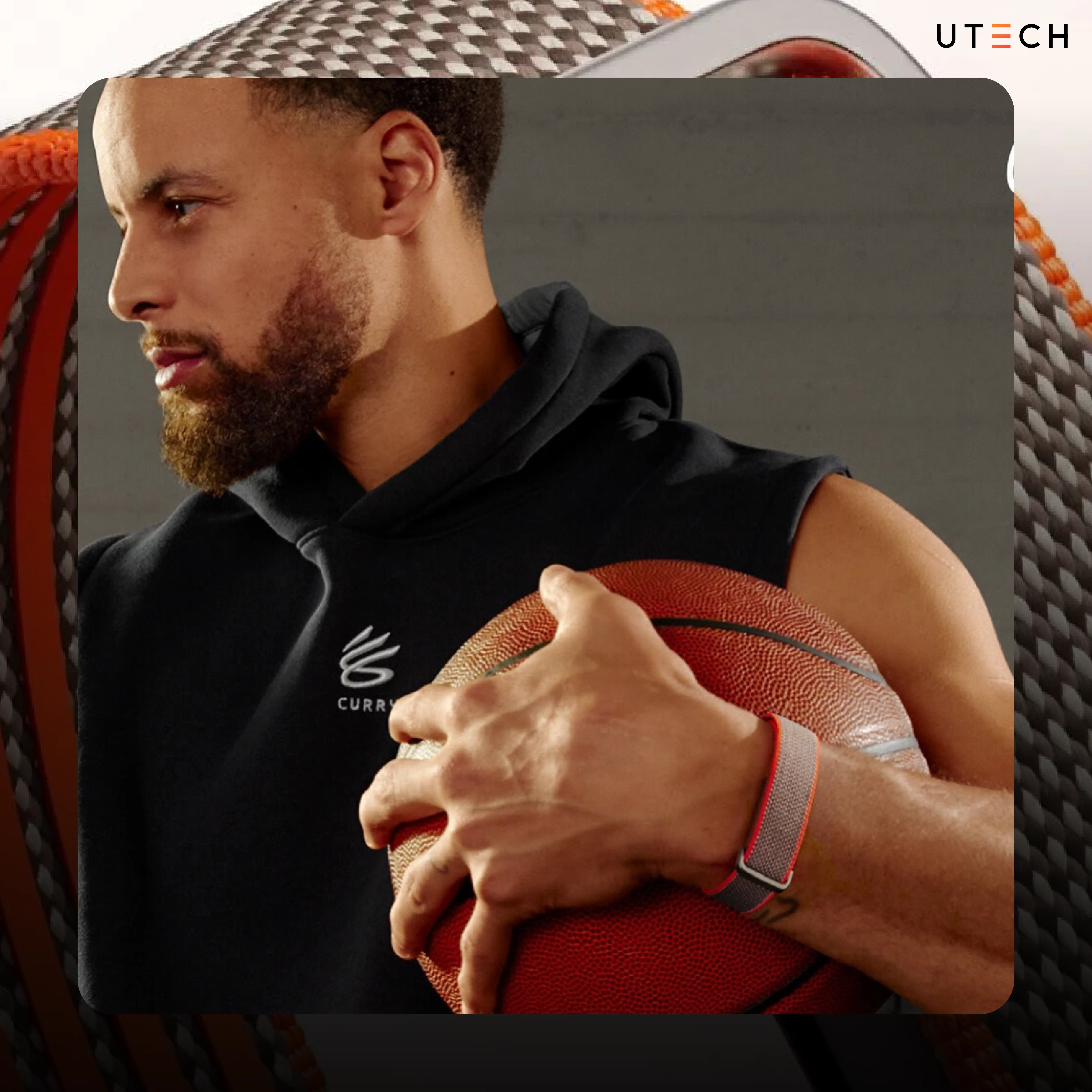 Stephen Curry สวม Fitbit Air SE รุ่นพิเศษ ระหว่างฝึกซ้อมบาสเกตบอล พร้อมสายผ้าสีเทาตัดส้ม