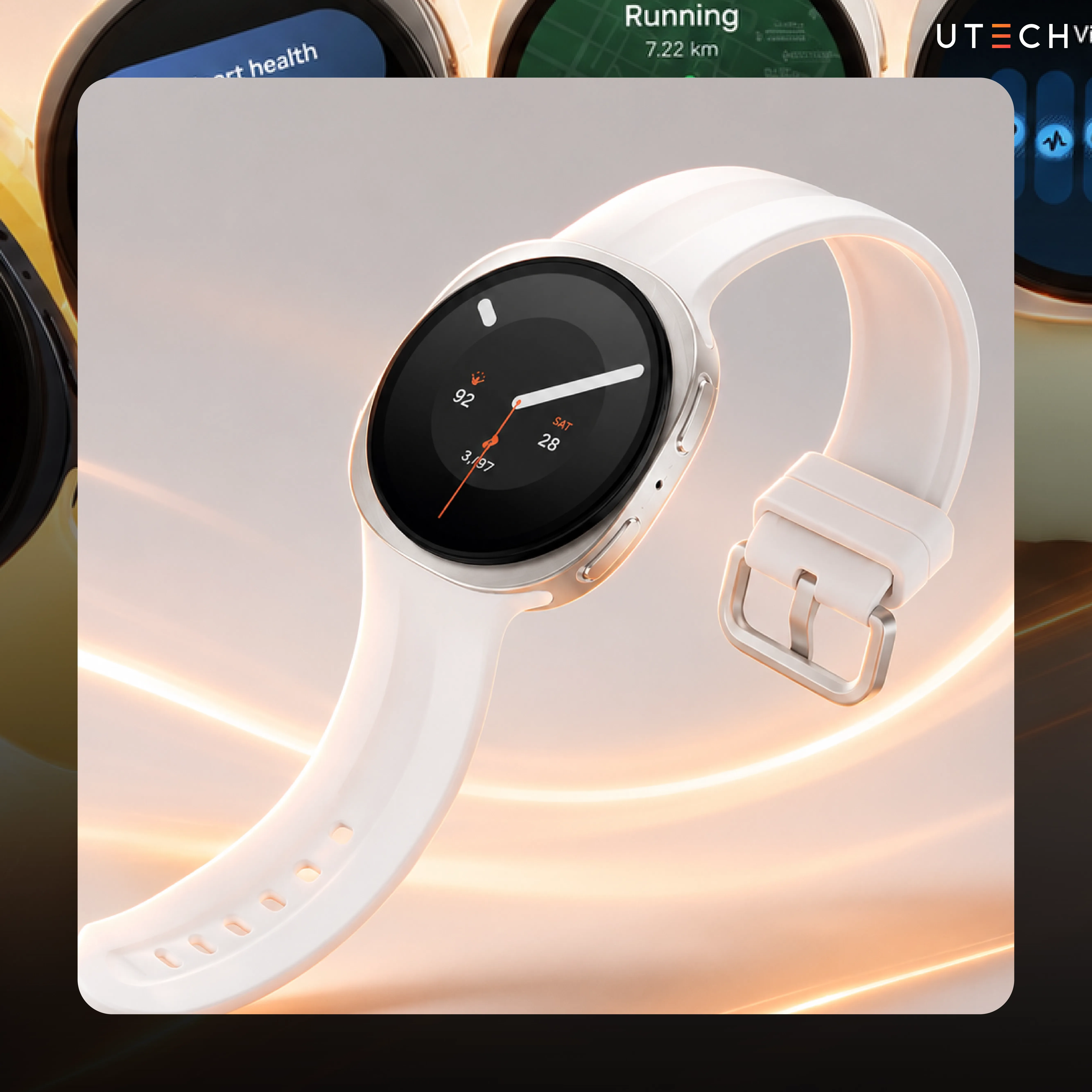 Galaxy Watch 9 ดีไซน์หน้าปัดทรงกลมพร้อมสายสีขาวและหน้าจอแสดงข้อมูลสุขภาพ