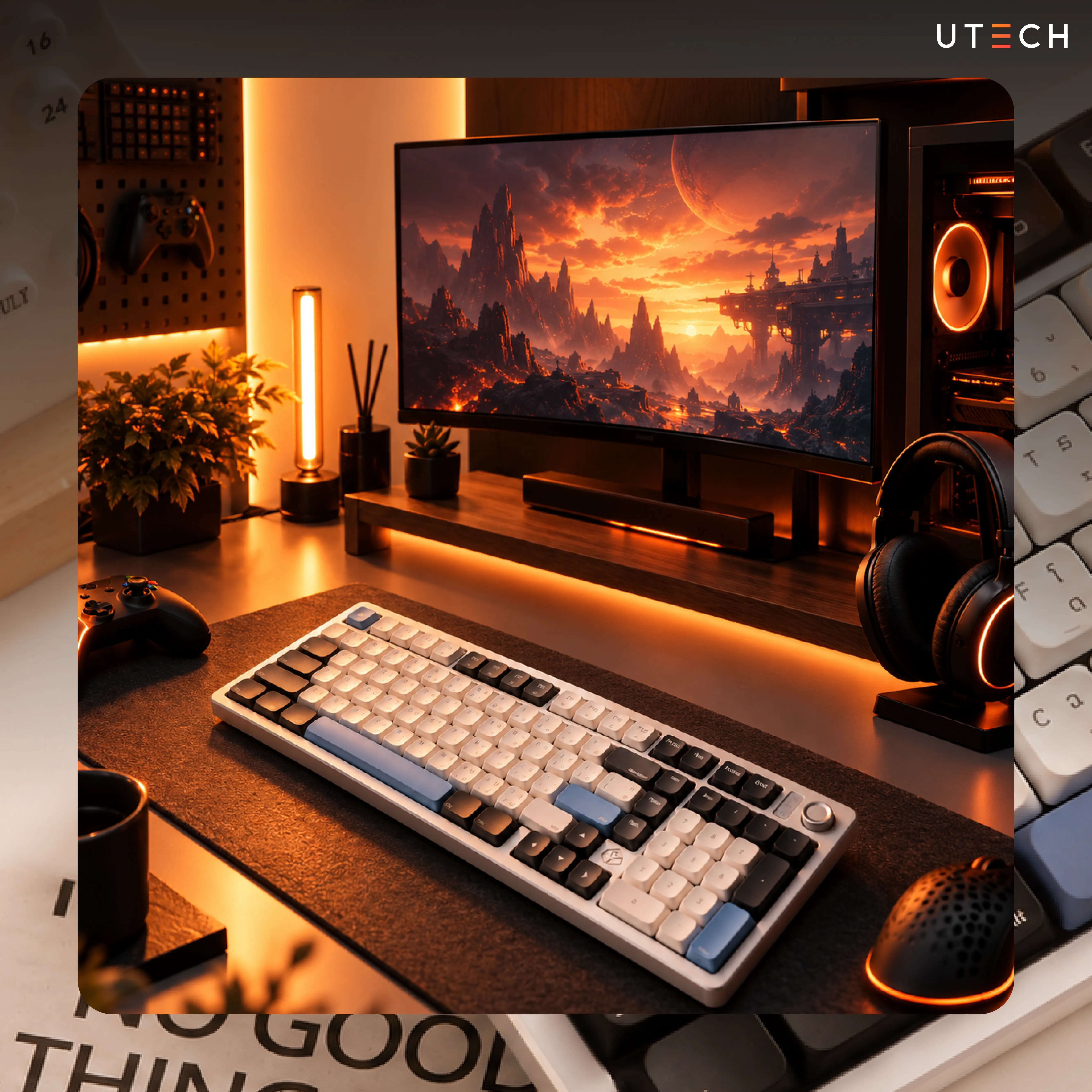 Gconic A98 Pro บนโต๊ะเกมมิ่งเซ็ตอัป พร้อมจอคอมและอุปกรณ์เกมมิ่ง เหมาะทั้งเล่นเกมและทำงานในเครื่องเดียว