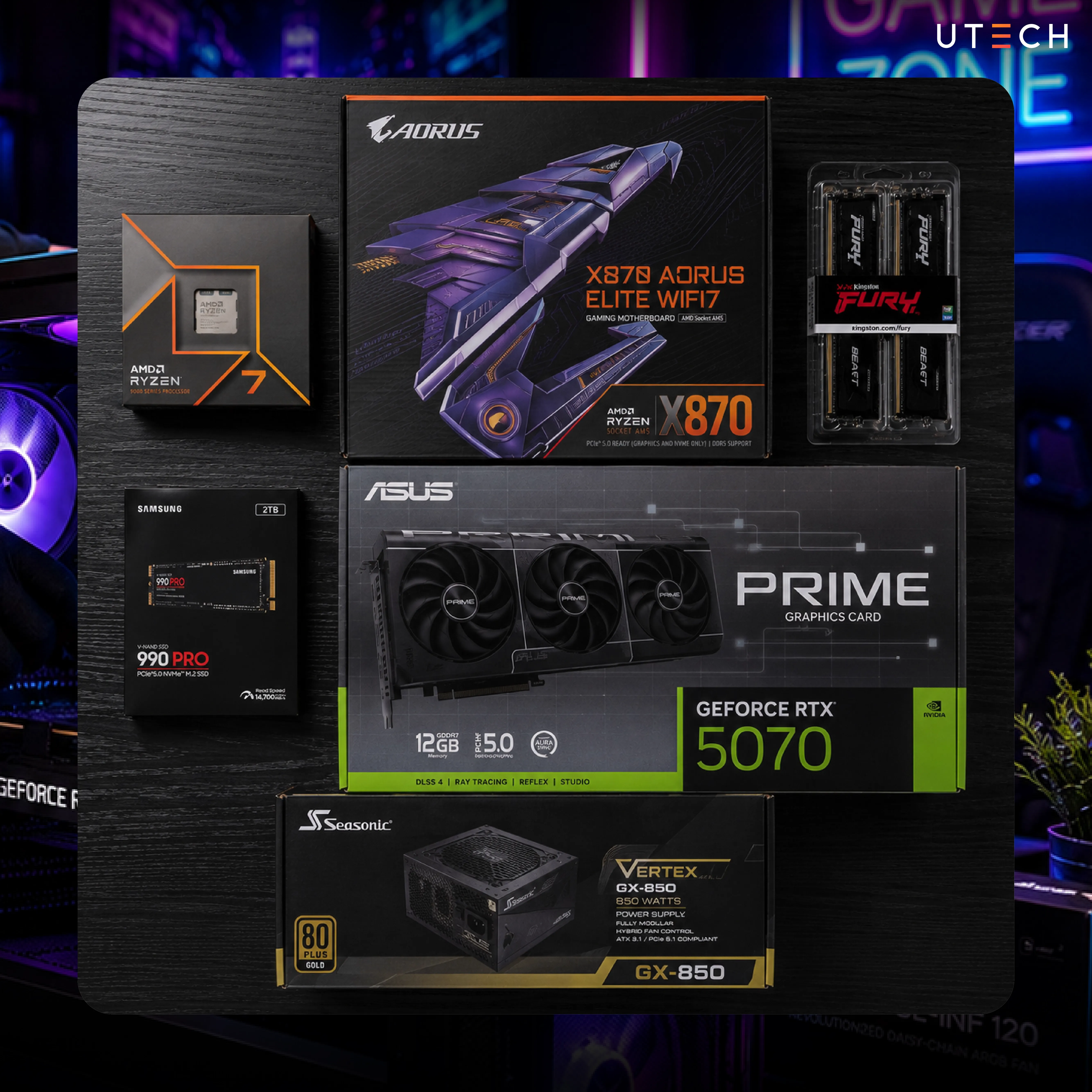 สเปกคอมเล่นเกมระดับสูง ใช้ AMD Ryzen 7, GeForce RTX 5070, เมนบอร์ด X870, SSD Samsung 990 Pro และ PSU 850W สำหรับเล่นเกมและงานครีเอเตอร์