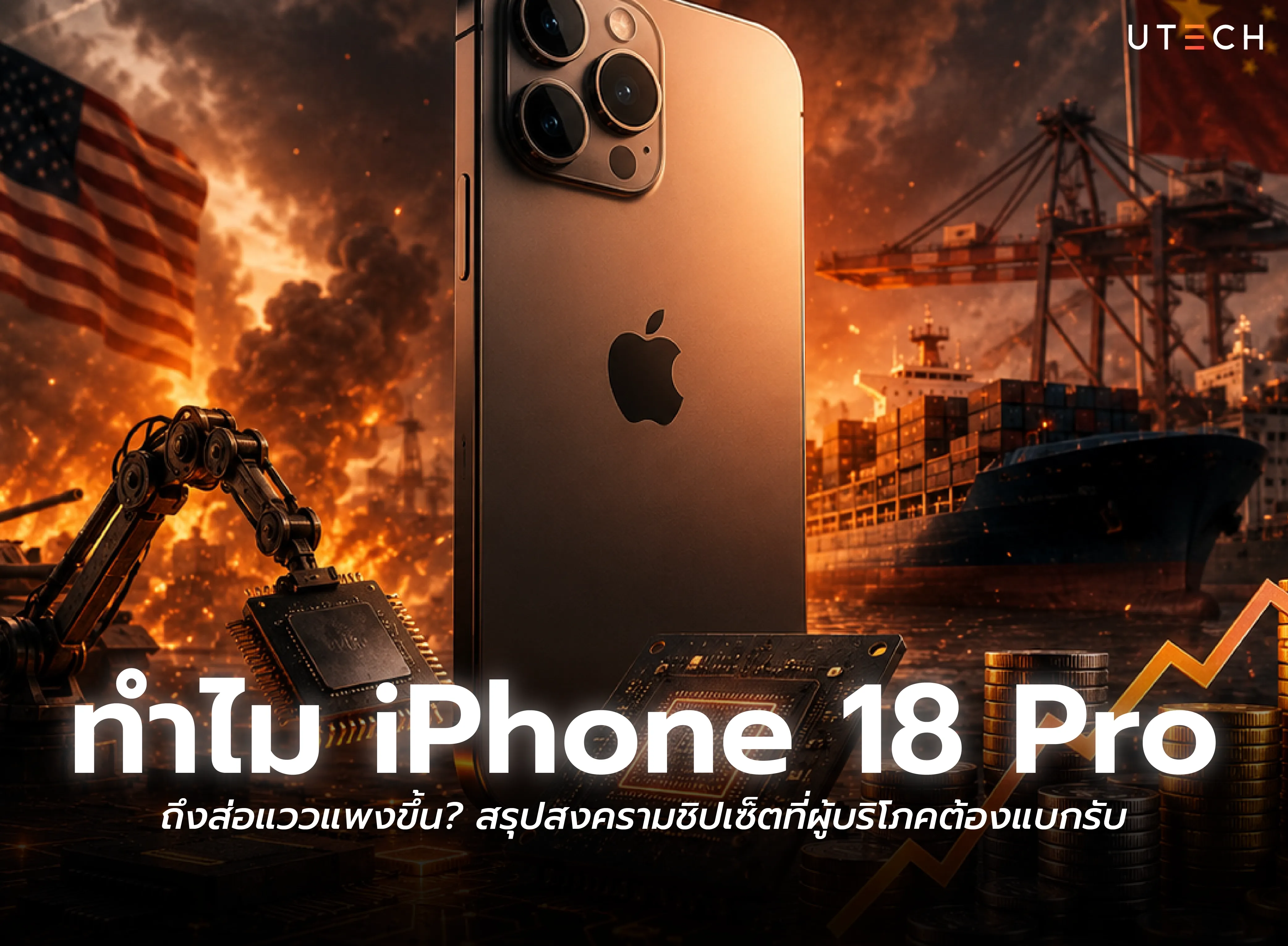 iPhone 18 Pro กับประเด็นต้นทุนชิปเซ็ตที่อาจทำให้ราคาสูงขึ้น พร้อมภาพประกอบอุตสาหกรรมเซมิคอนดักเตอร์และการขนส่ง