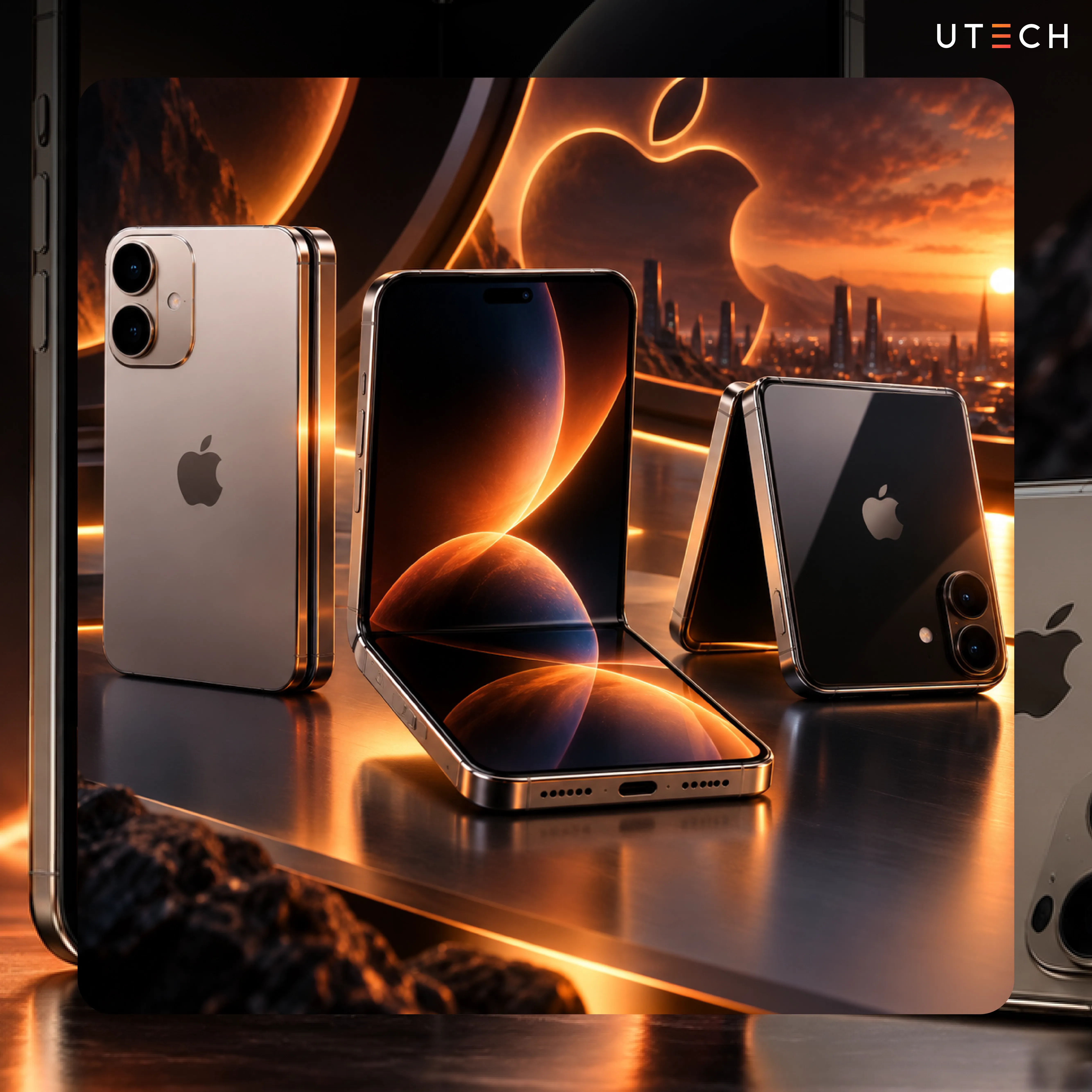ดีไซน์คอนเซปต์ iPhone Fold ในรูปแบบพับได้ พร้อมตัวเครื่องและหน้าจอขนาดใหญ่เมื่อกางออก