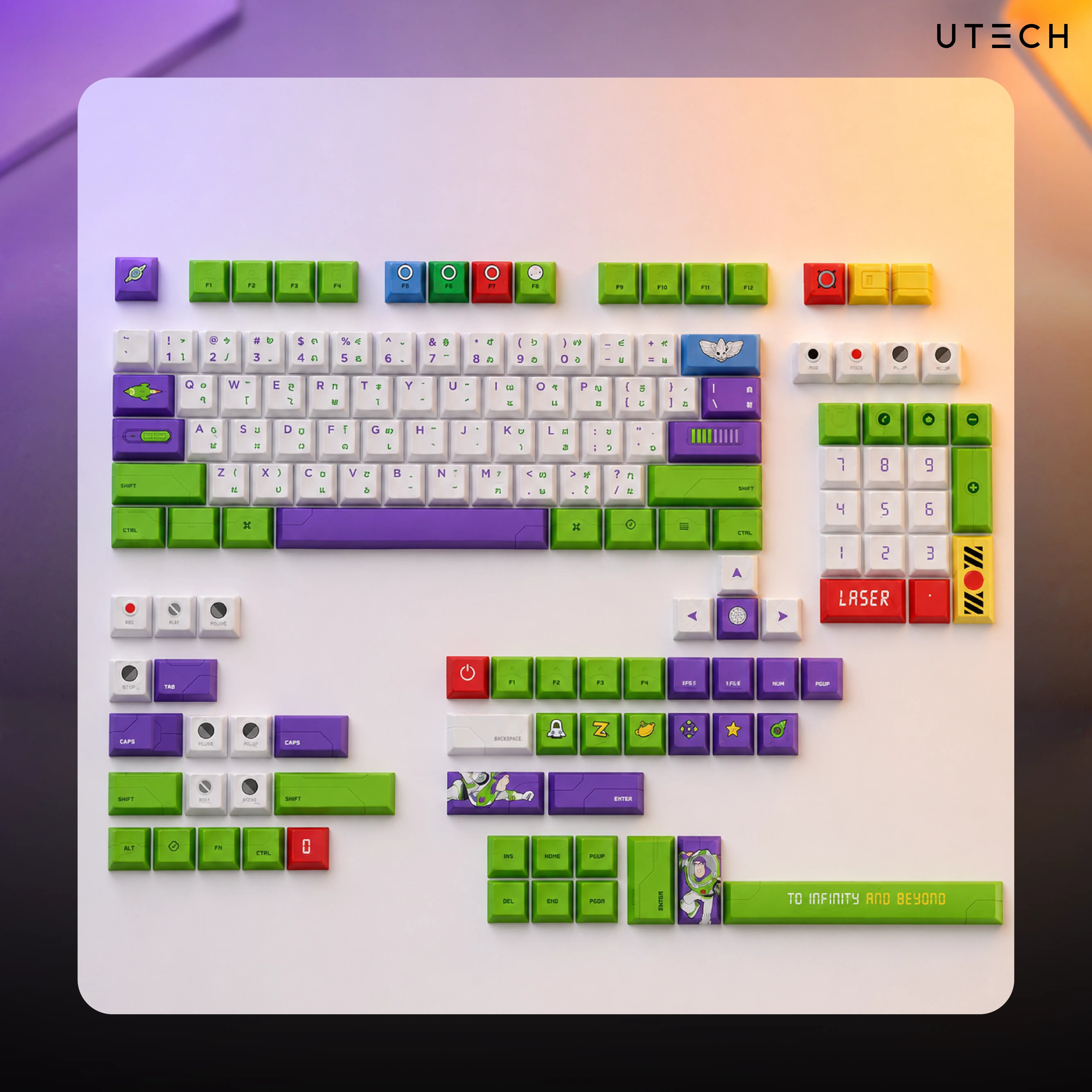 ชุดคีย์แคป LOGA Buzz Lightyear Keycap Set แบบ Full Set รวมปุ่มลาย Buzz Lightyear และดีไซน์สีเขียว ม่วง ขาว สำหรับ Mechanical Keyboard