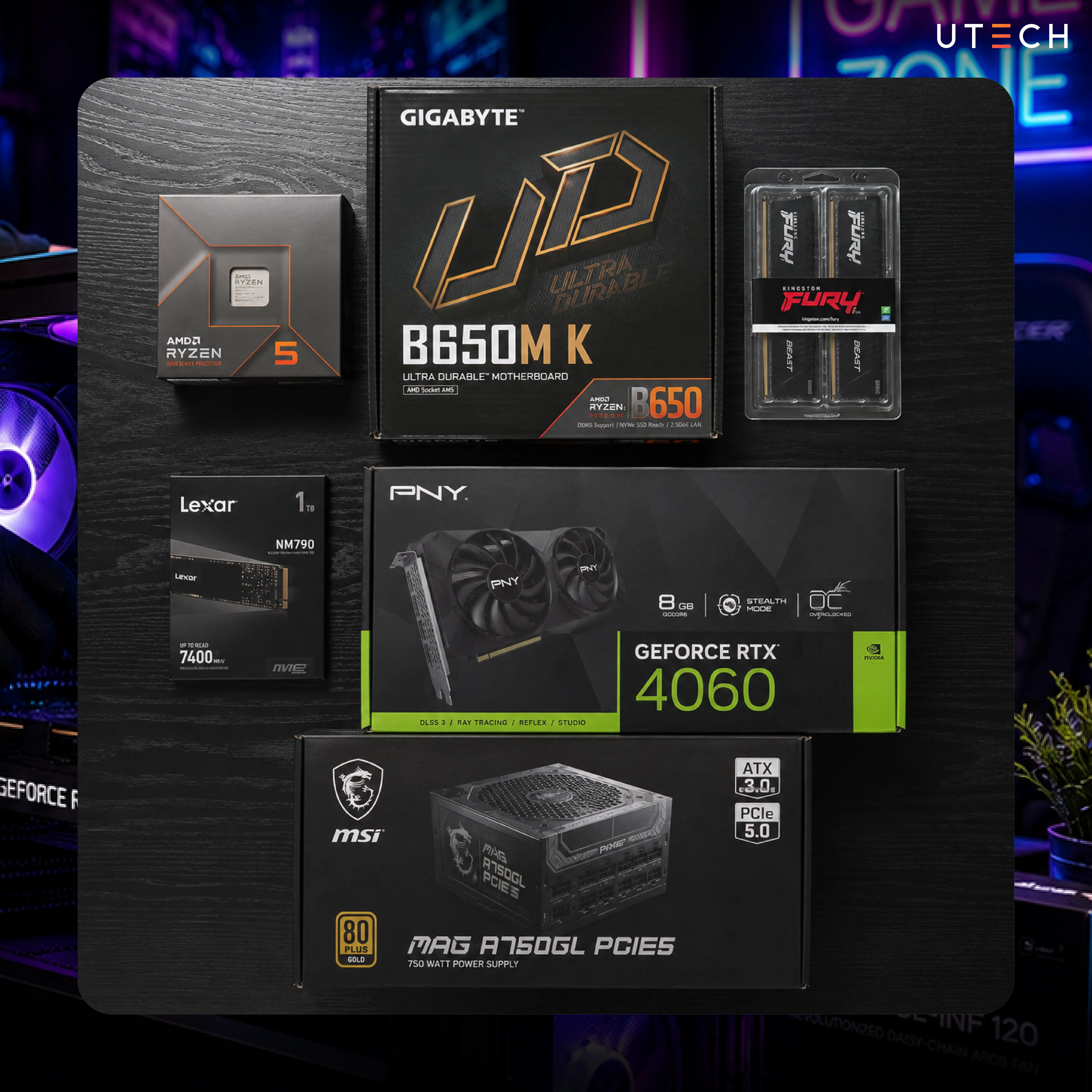 สเปกคอมเล่นเกมระดับกลาง ใช้ AMD Ryzen 5, GeForce RTX 4060, เมนบอร์ด B650, SSD PCIe 4.0 และแรม DDR5 สำหรับเกม AAA
