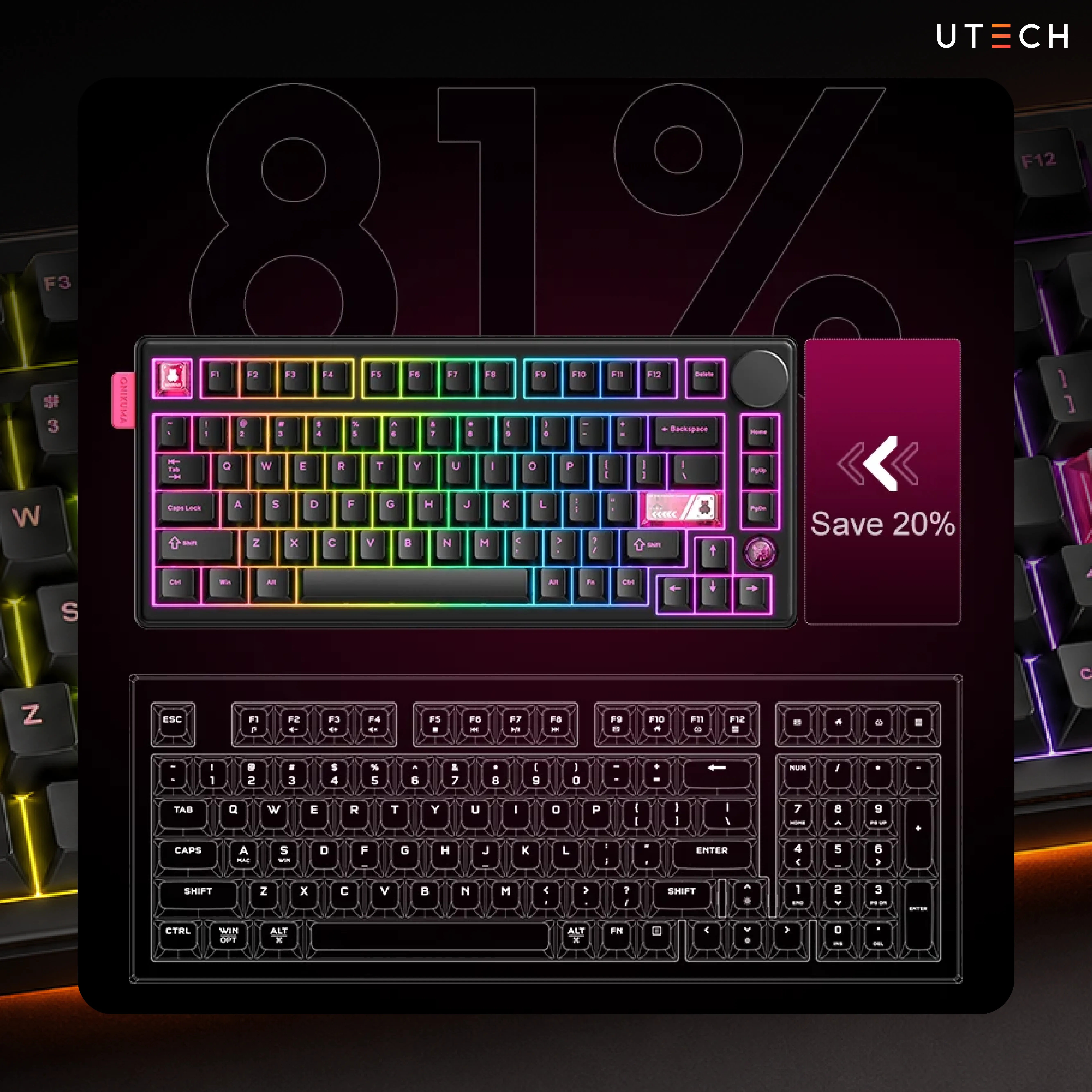 Onikuma Hane MT706 คีย์บอร์ด Mechanical ขนาด 81% ดีไซน์กะทัดรัด พร้อมไฟ RGB และปุ่มควบคุม