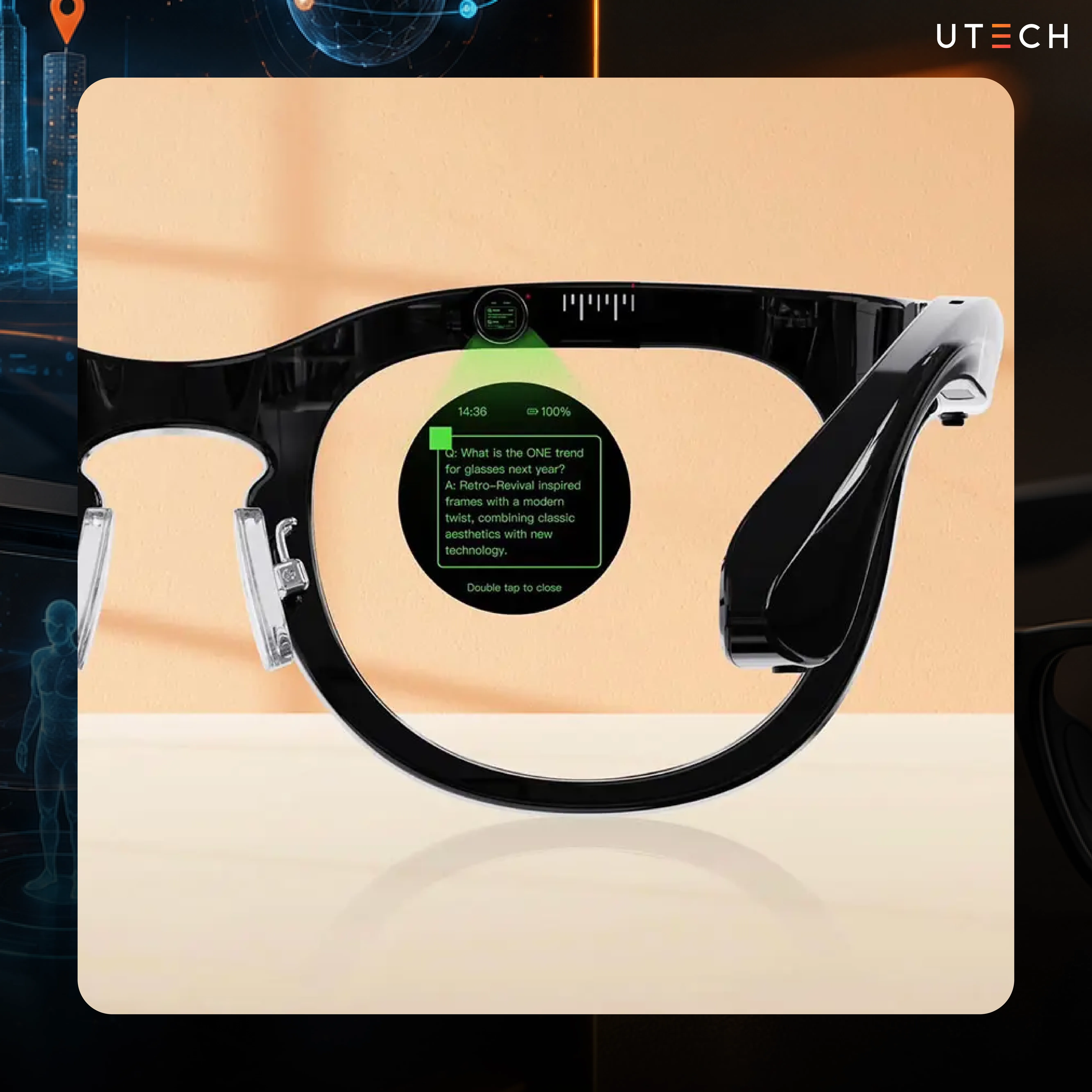 Smart Glasses พร้อมระบบ AI และหน้าจอแสดงข้อมูลบนเลนส์สำหรับเข้าถึงข้อมูลระหว่างการใช้งาน