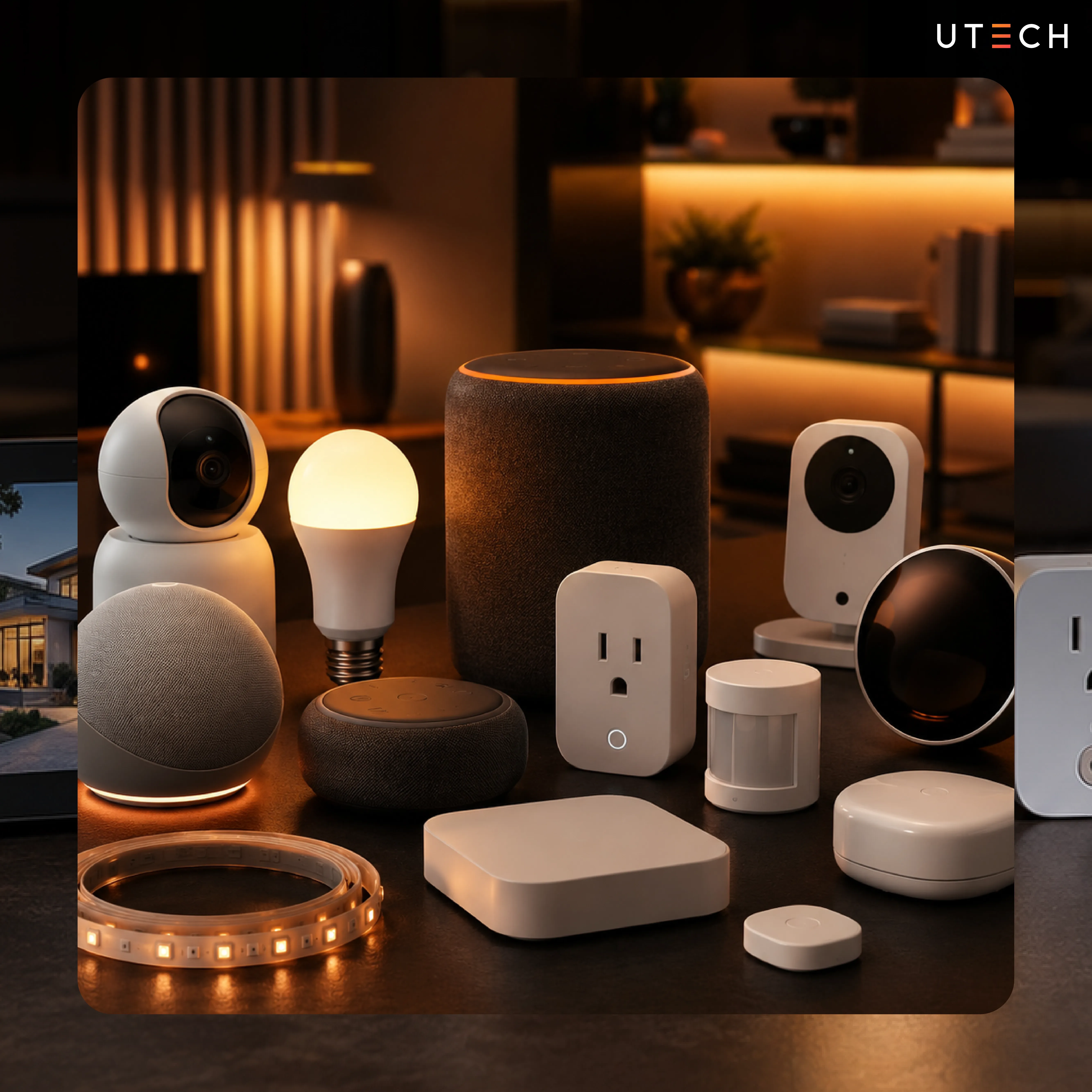 ตัวอย่าง AI Gadget สำหรับ Smart Home เช่น หุ่นยนต์ดูดฝุ่น กล้องอัจฉริยะ ไฟอัจฉริยะ และอุปกรณ์ควบคุมภายในบ้าน