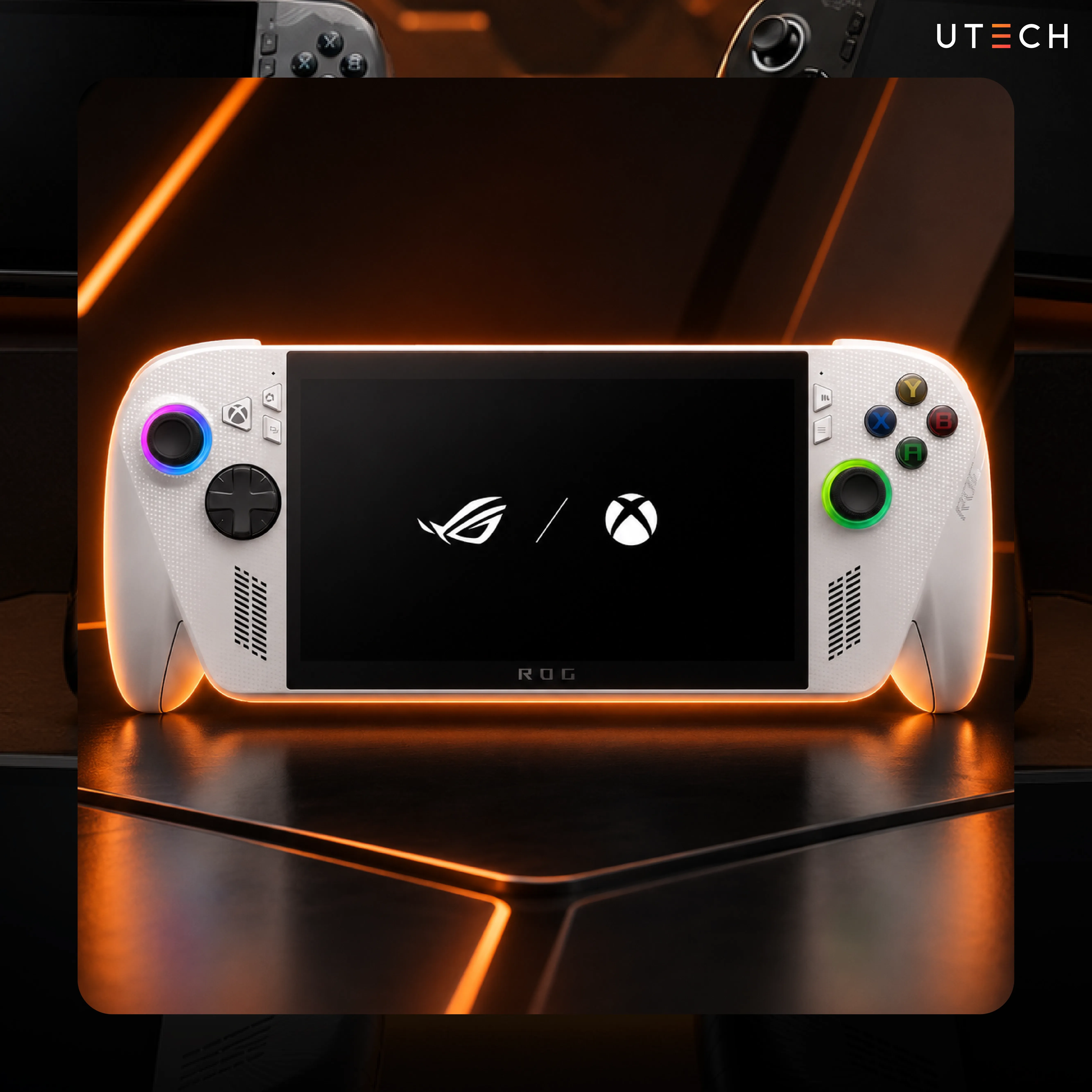 ASUS ROG Ally สีขาว รุ่นรองรับ Xbox พร้อมหน้าจอขนาดใหญ่ จอยสติ๊ก RGB และระบบ Windows สำหรับเล่นเกมจาก Steam และ Xbox Game Pass